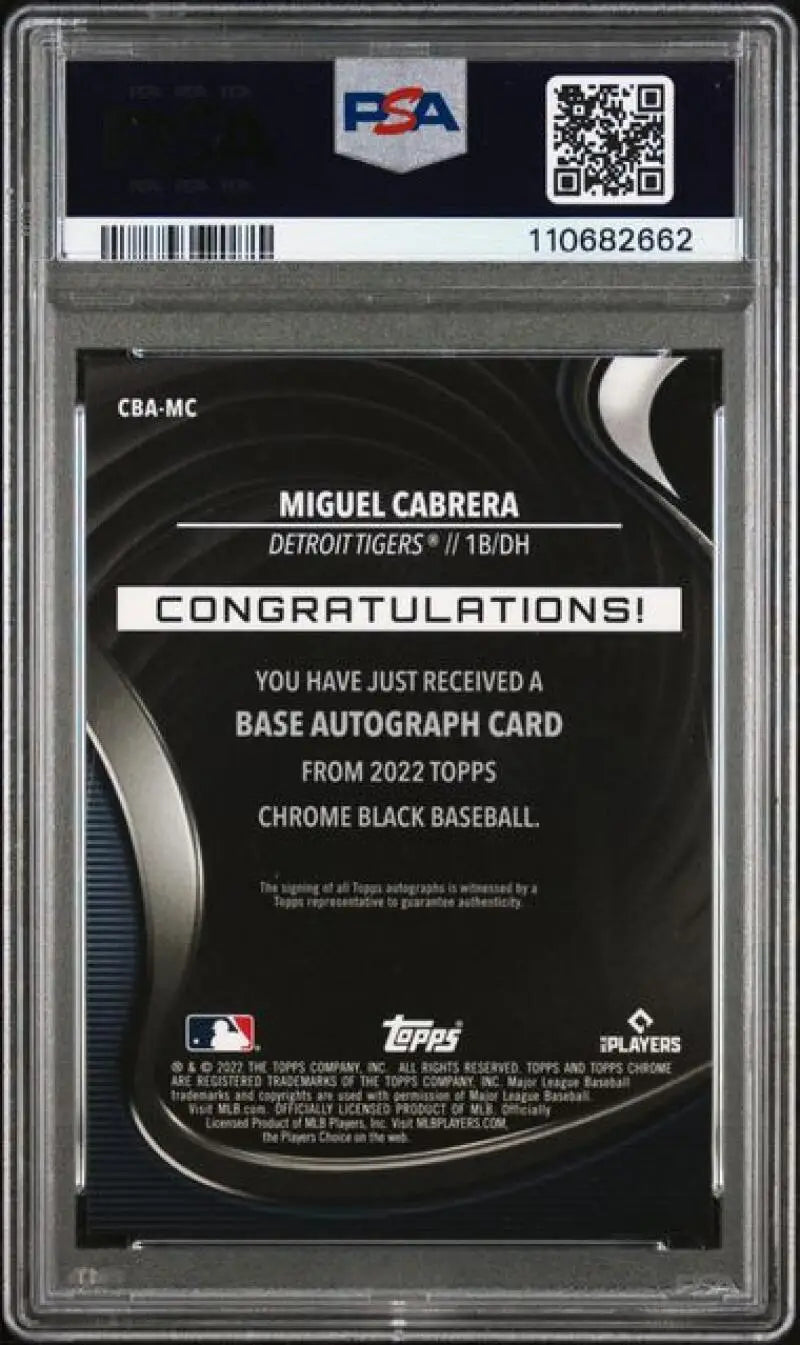Graded Miguel Cabrera baseball card from Topps Chrome Black featuring PSA 9 auto
