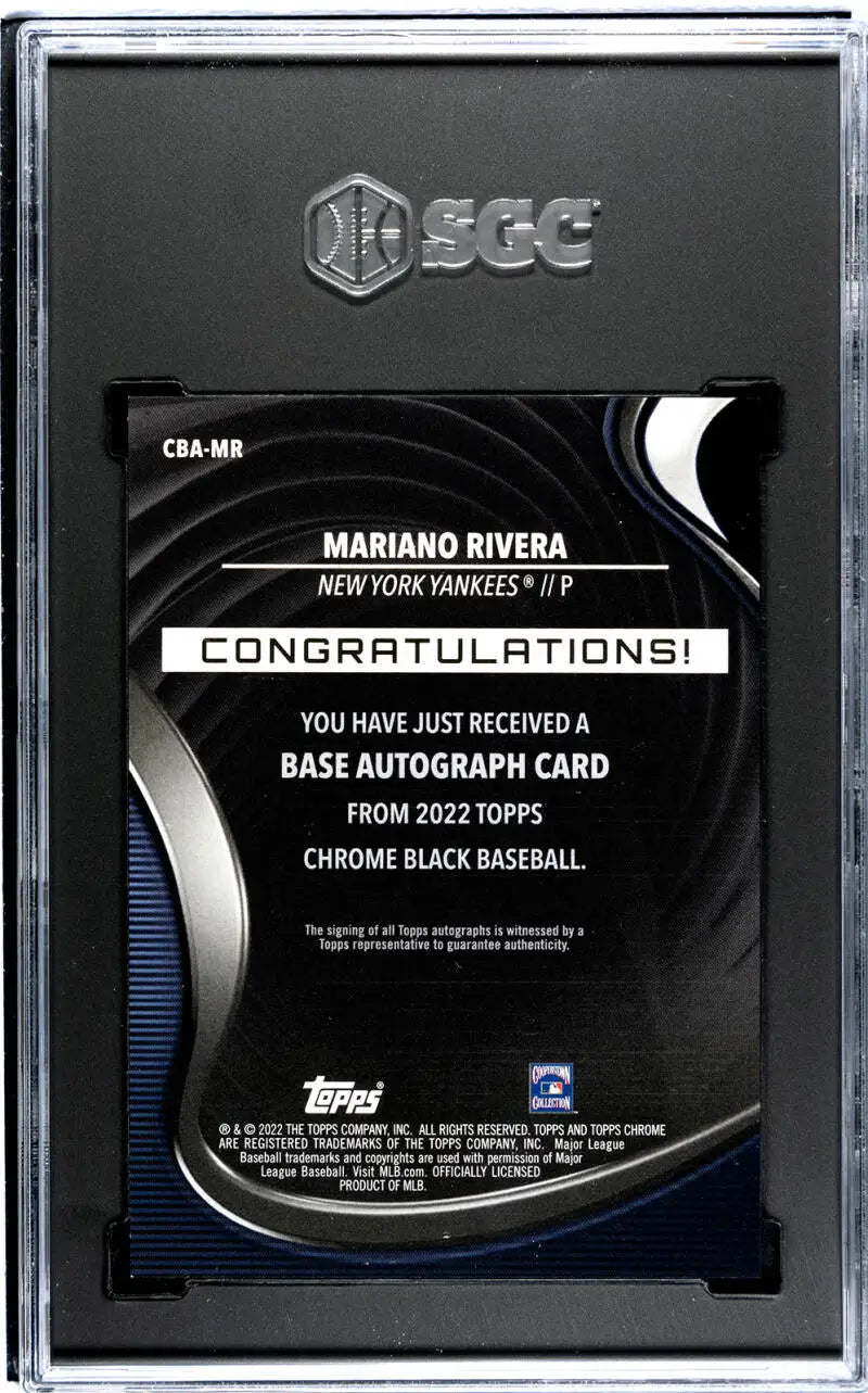 Back of 2022 Topps Chrome Black Mariano Rivera autograph card in protective case