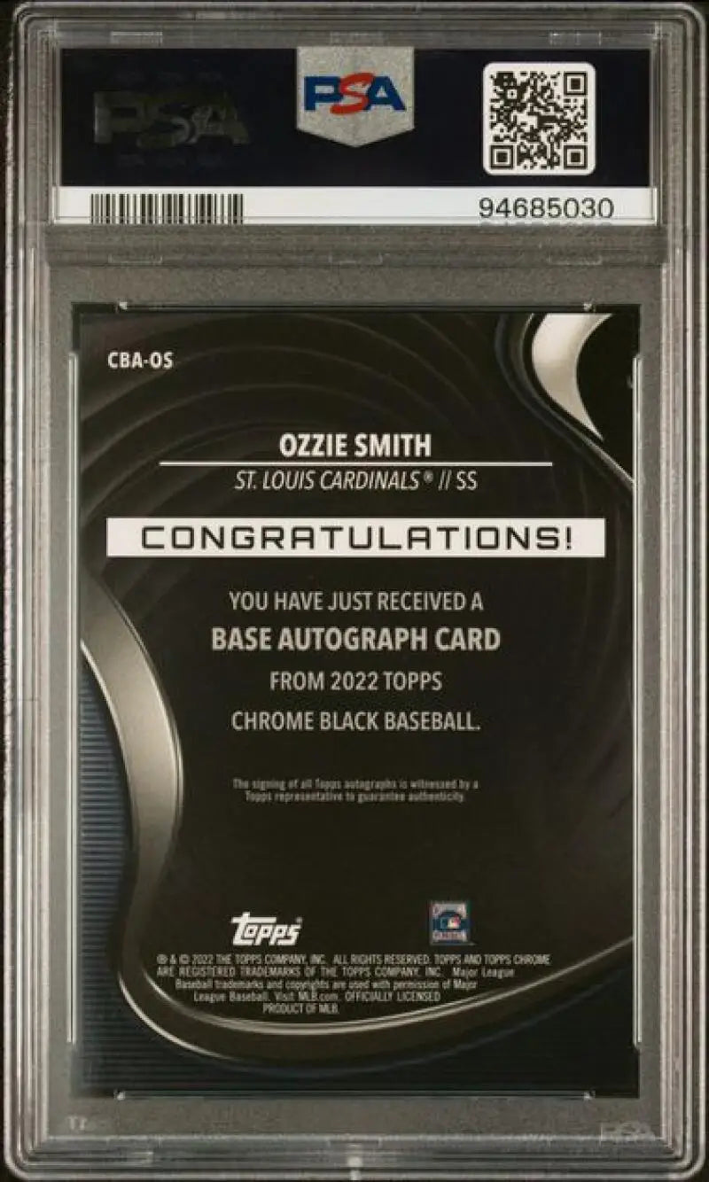 Back of 2022 Topps Chrome Black Ozzie Smith PSA 10 GEM MINT Auto baseball card