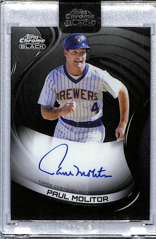 Signed Paul Molitor Topps Chrome Black baseball card in pinstriped Brewers uniform