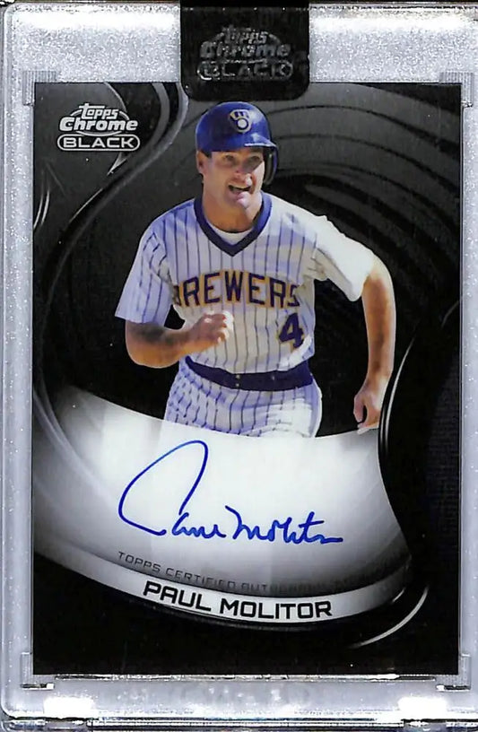 Signed Paul Molitor Topps Chrome Black baseball card in pinstriped Brewers uniform