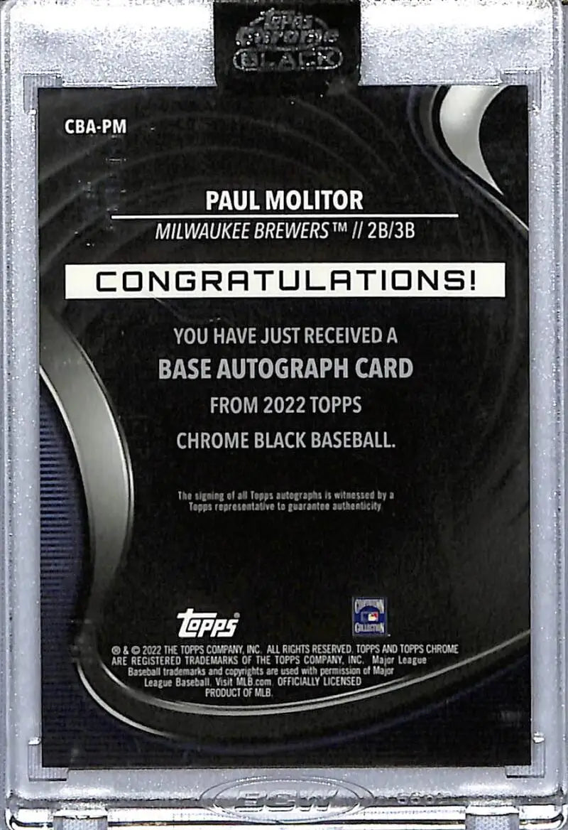 Back of 2022 Topps Chrome Black Paul Molitor autographed Baseball Card for Milwaukee Brewers