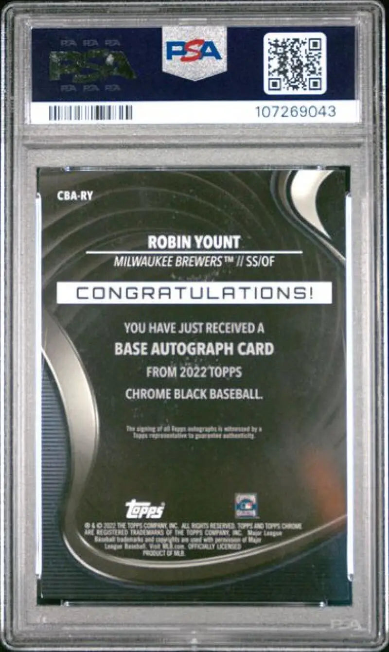 Graded Robin Yount baseball card from 2022 Topps Chrome Black series in PSA 10 GEM MINT
