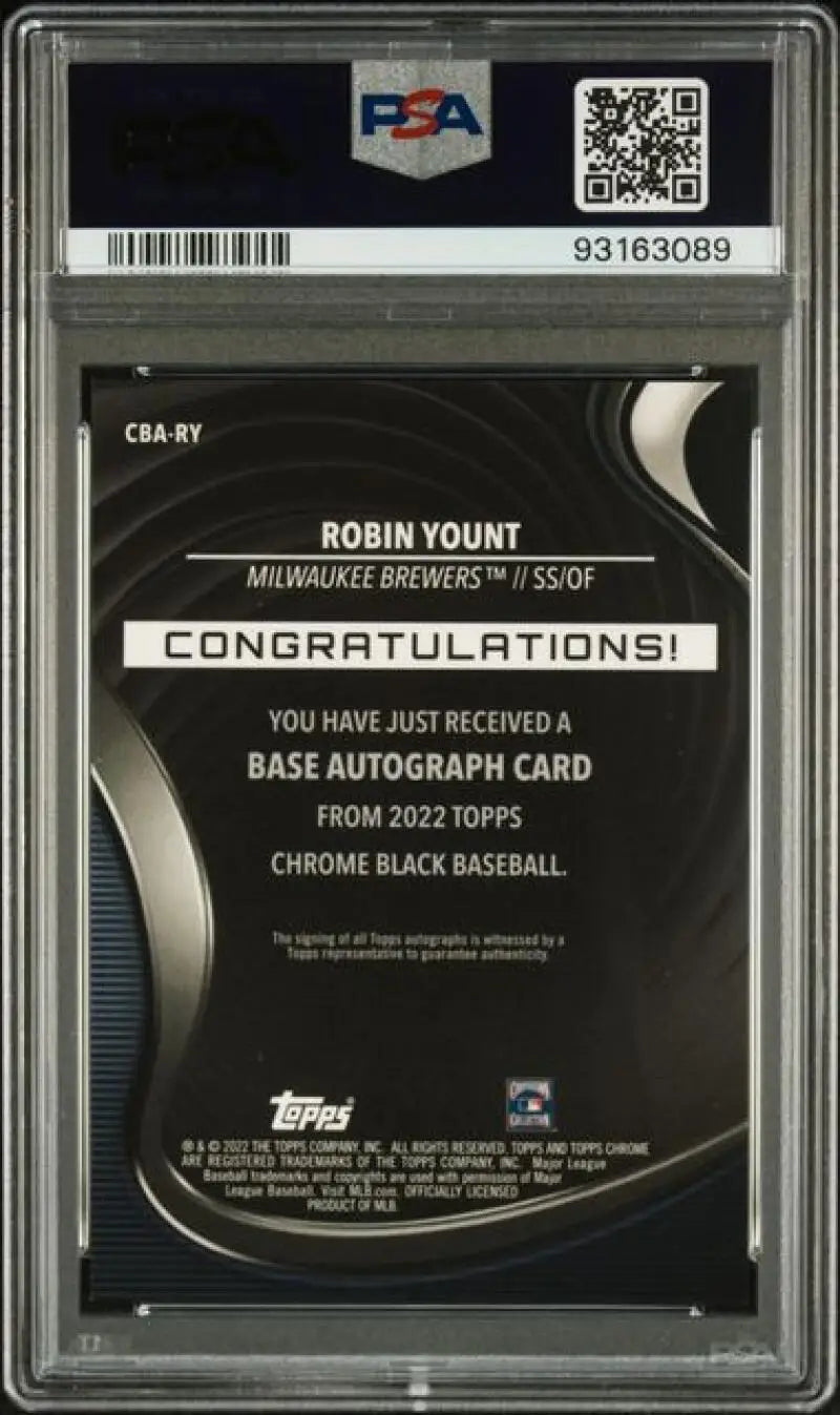 PSA 10 Gem Mint Topps Chrome Black Autograph Card of Robin Yount, Milwaukee Brewers