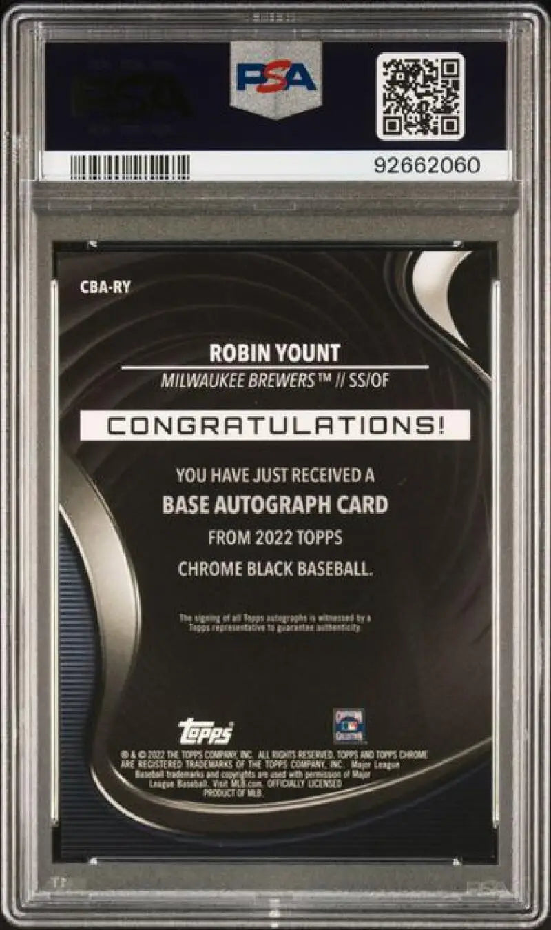 PSA-graded Topps Chrome Black Robin Yount baseball card back with certification 92662060