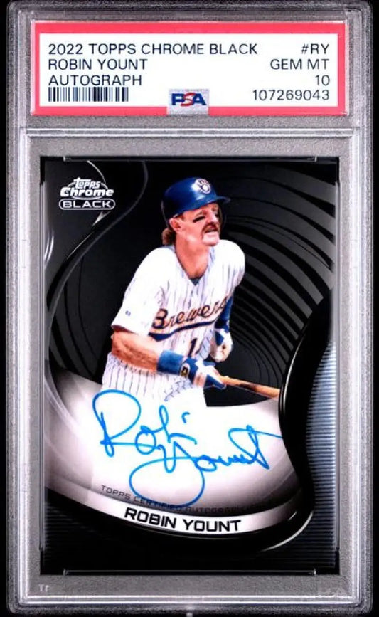 Graded Robin Yount autographed baseball card from Topps Chrome Black series
