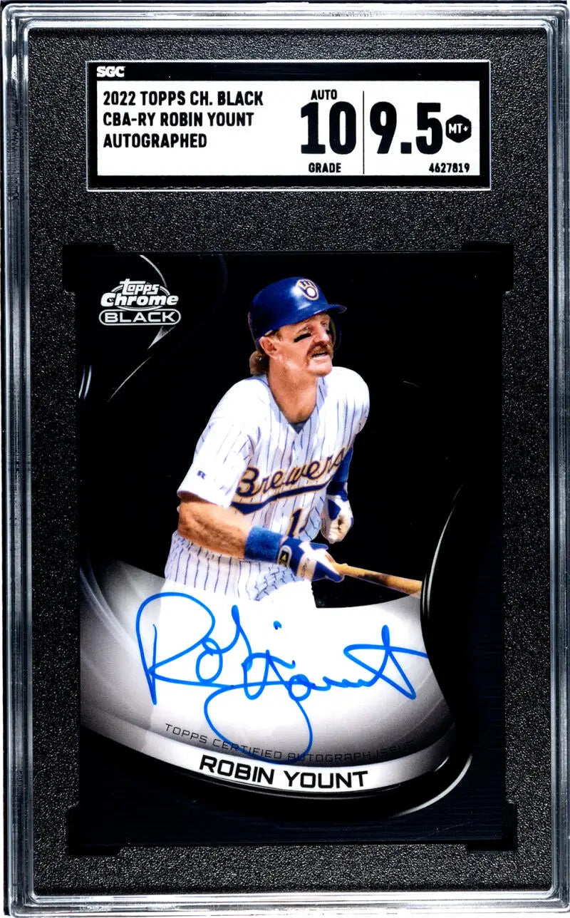 Signed 2020 Topps Chrome Black Robin Yount card for Milwaukee Brewers in SGC 9.5 Mint+ condition