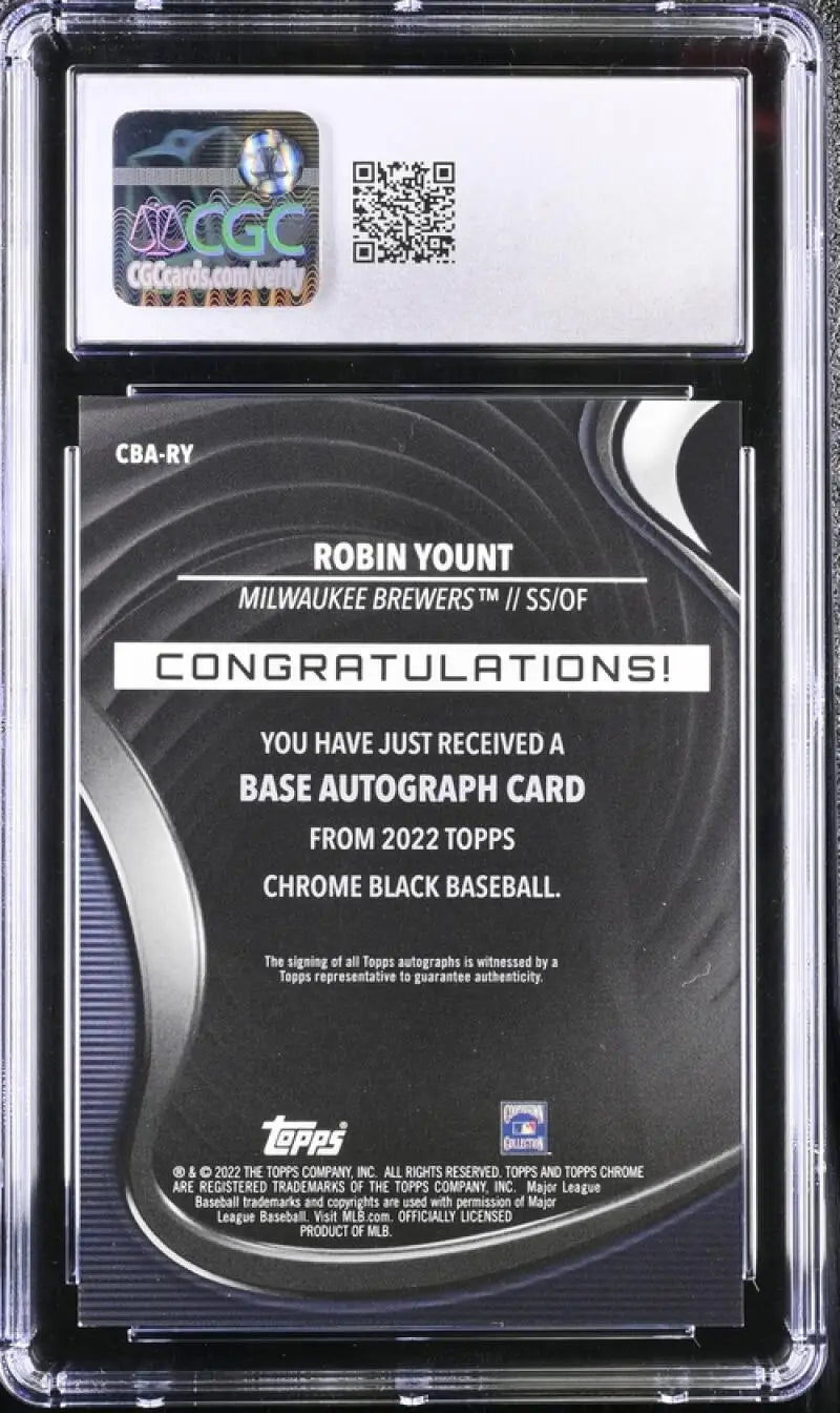 2022 Topps Chrome Black Robin Yount Baseball Card in a protective case for Milwaukee Brewers