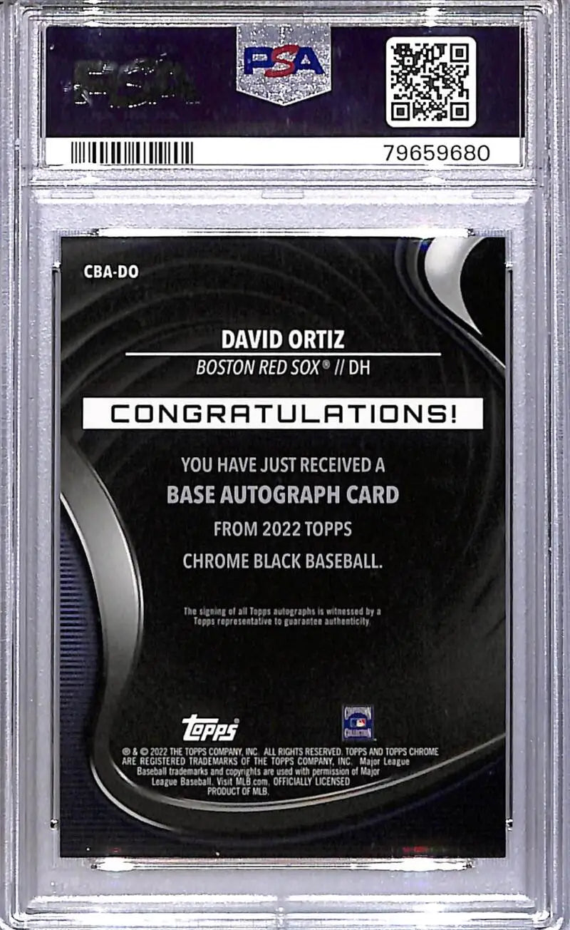 Graded David Ortiz 2022 Topps Chrome Black Gold Mini Diamond autograph card in PSA 9 Mint