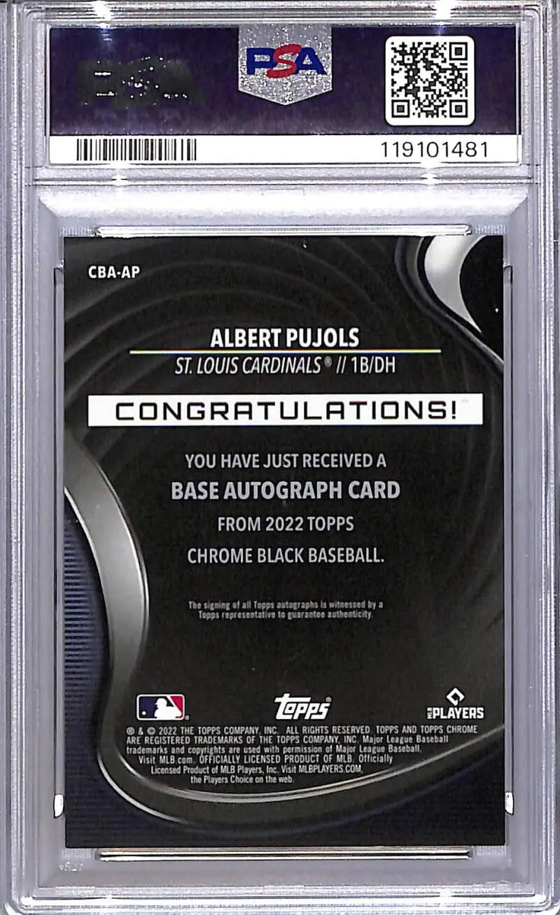 Graded Albert Pujols baseball card from Topps Chrome Black Orange series