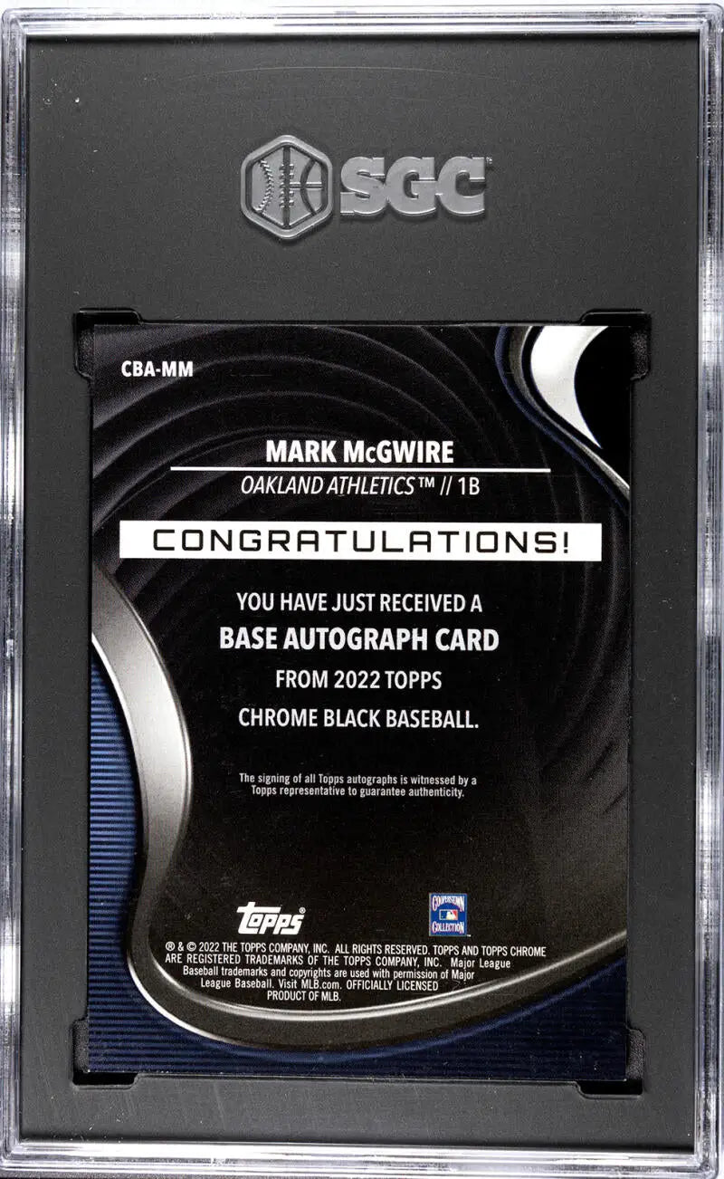 Black and white Topps Chrome baseball card redemption for Mark McGwire Oakland Athletics auto