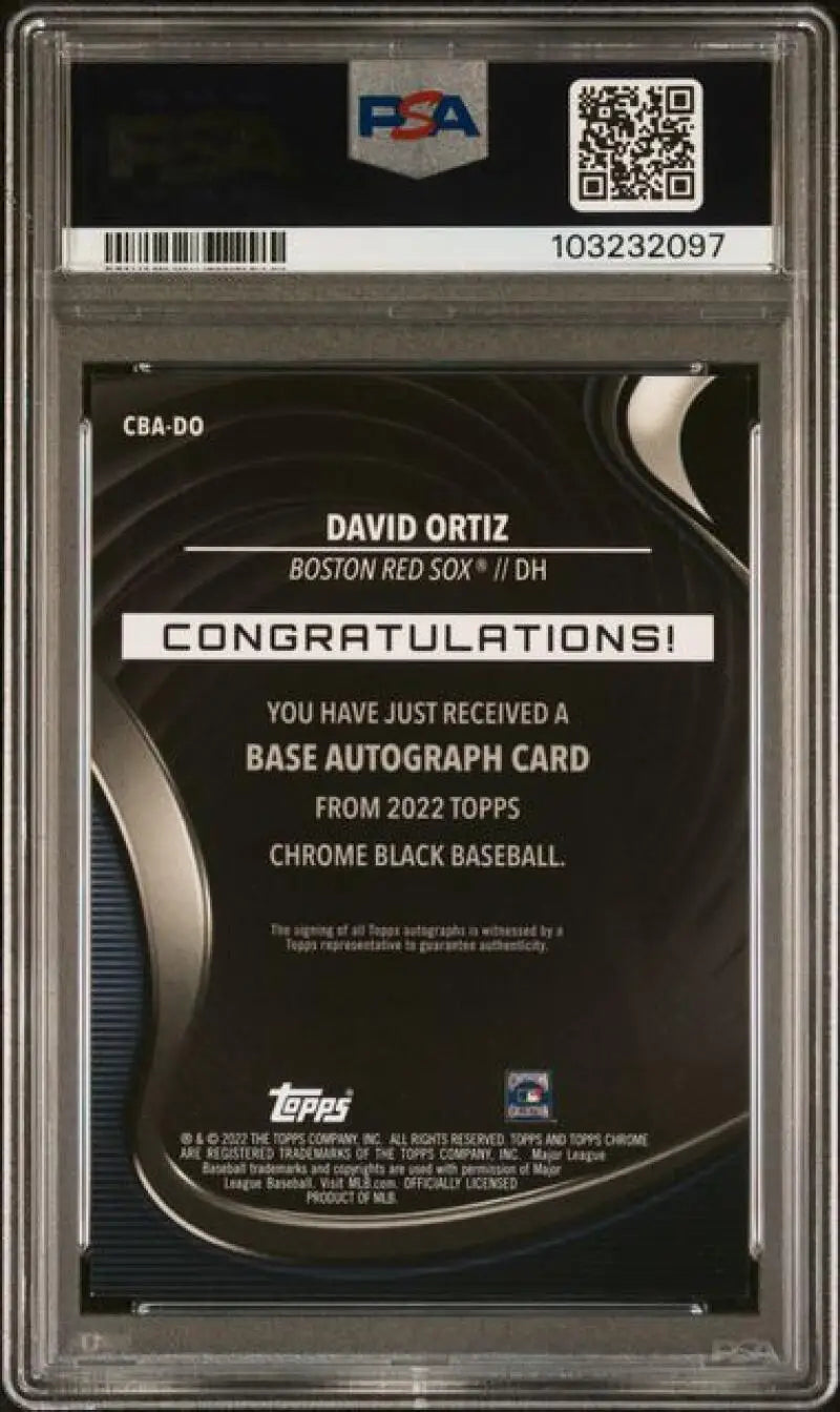 Graded David Ortiz autograph card featuring 2022 Topps Chrome Black Refractor Gold Red Sox