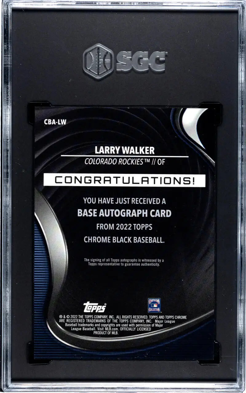 Black and silver baseball card redemption notice for Larry Walker Colorado Rockies auto