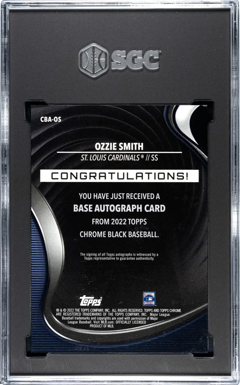 Ozzie Smith black refractor gold baseball card in protective case from 2022 Topps Chrome Black Refractor Gold set