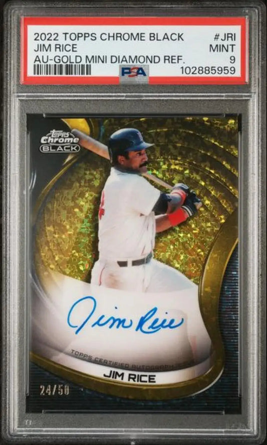 Graded Jim Rice autographed baseball card from 2022 Topps Chrome, Boston Red Sox collector’s item