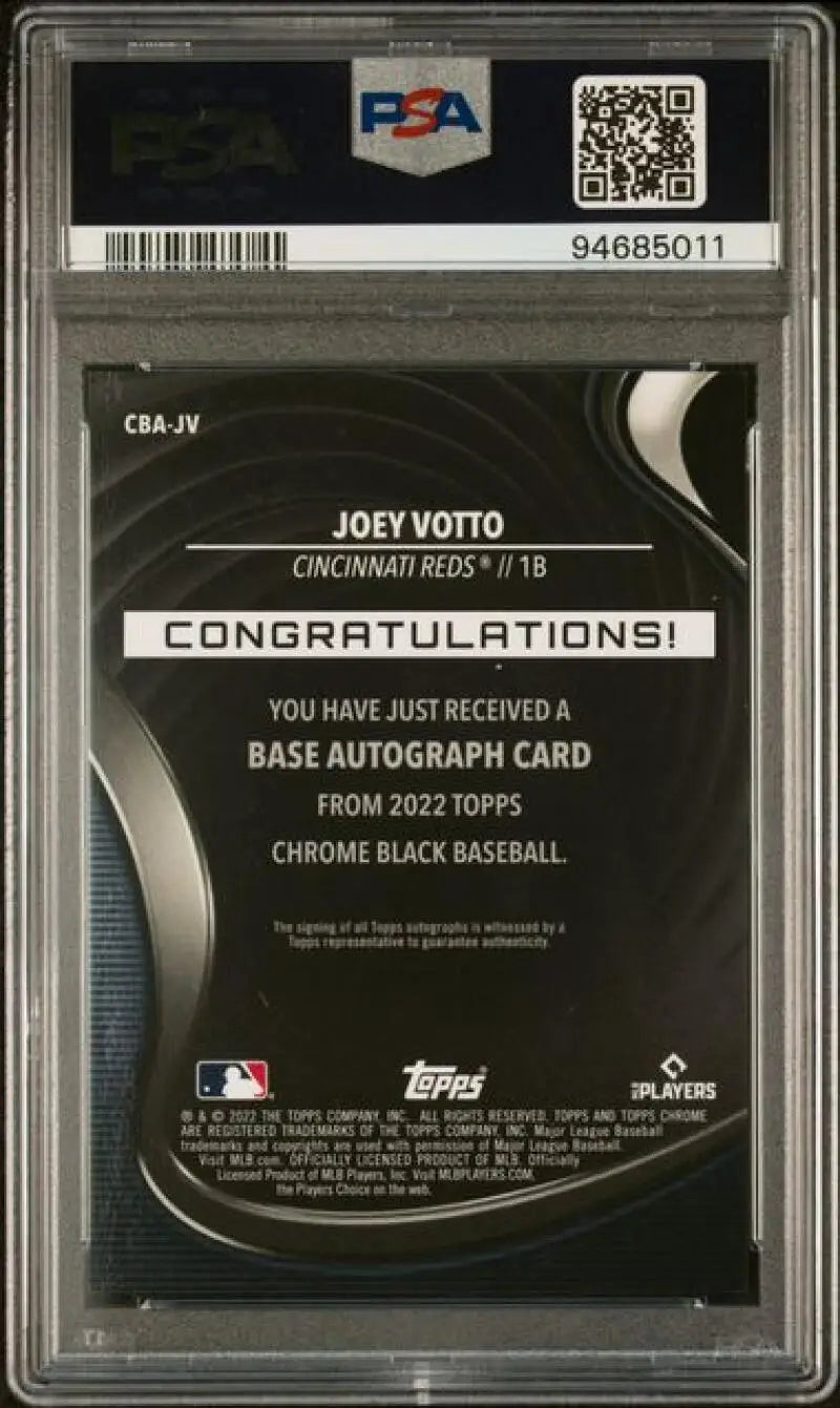 PSA-graded 2022 Topps Chrome Black Refractor Joey Votto baseball card back with certification 94685011