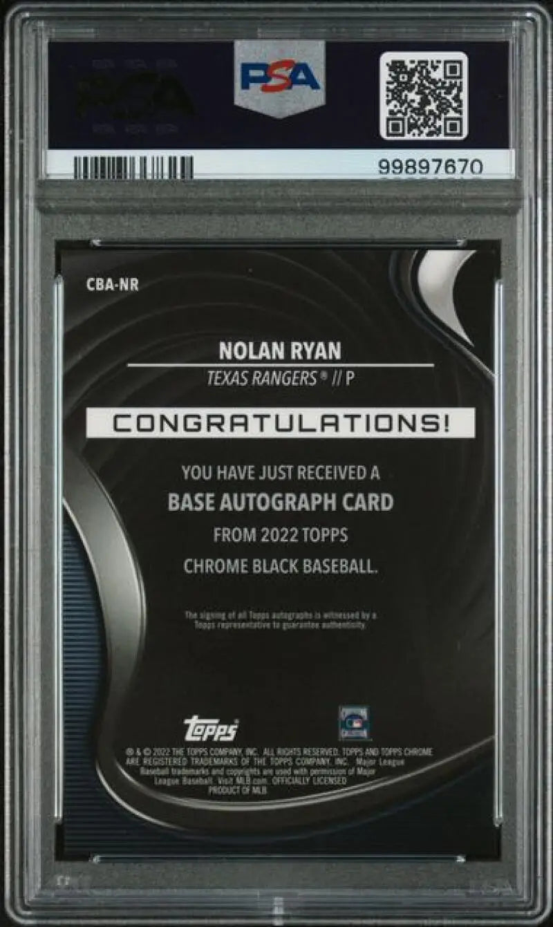 PSA 10 GEM MINT 2022 Topps Chrome Black Nolan Ryan Texas Rangers card back view