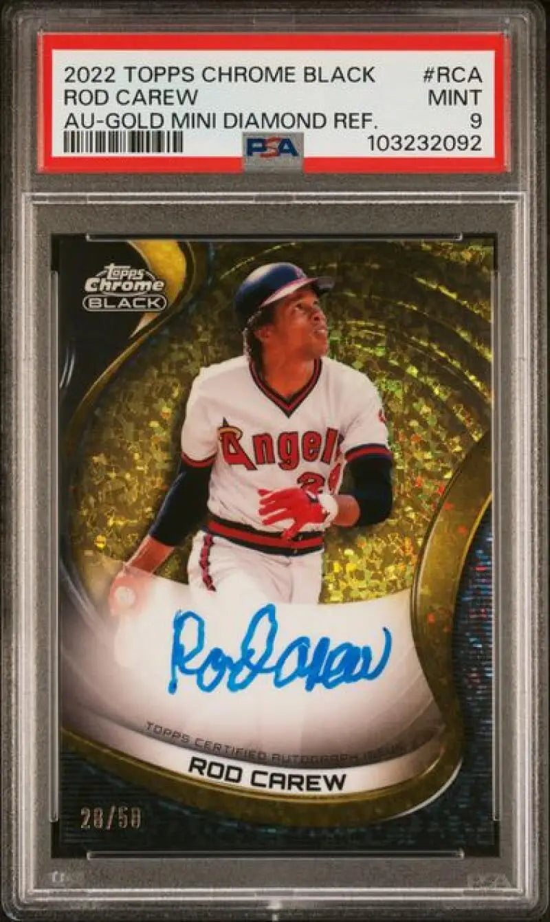 Rod Carew autographed 2022 Topps Chrome Black baseball card, PSA 9 MINT, 28/50