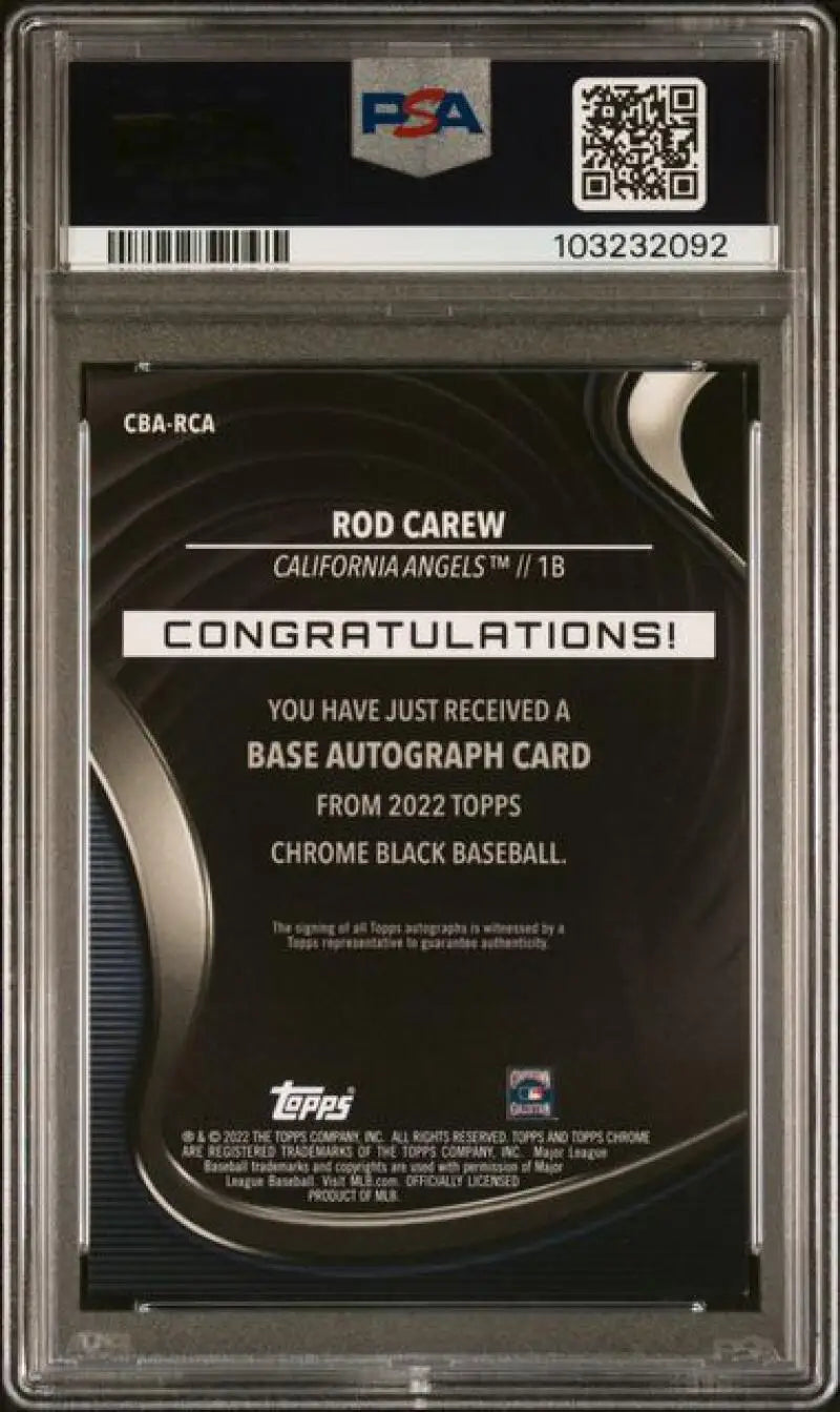 Graded Rod Carew baseball card from 2022 Topps Chrome Black Refractor Gold Mini-Diamond