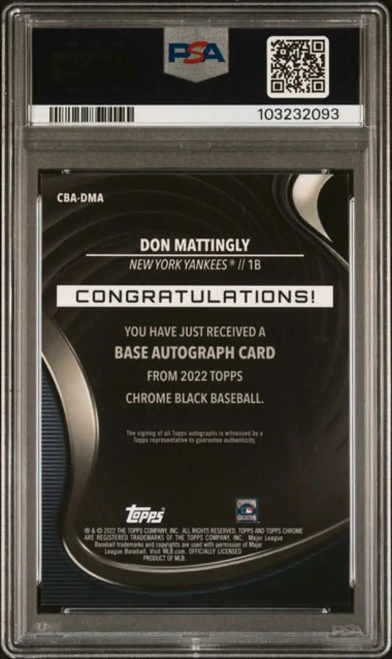 Graded Don Mattingly baseball card for New York Yankees 2022 Topps Chrome Black Refractor