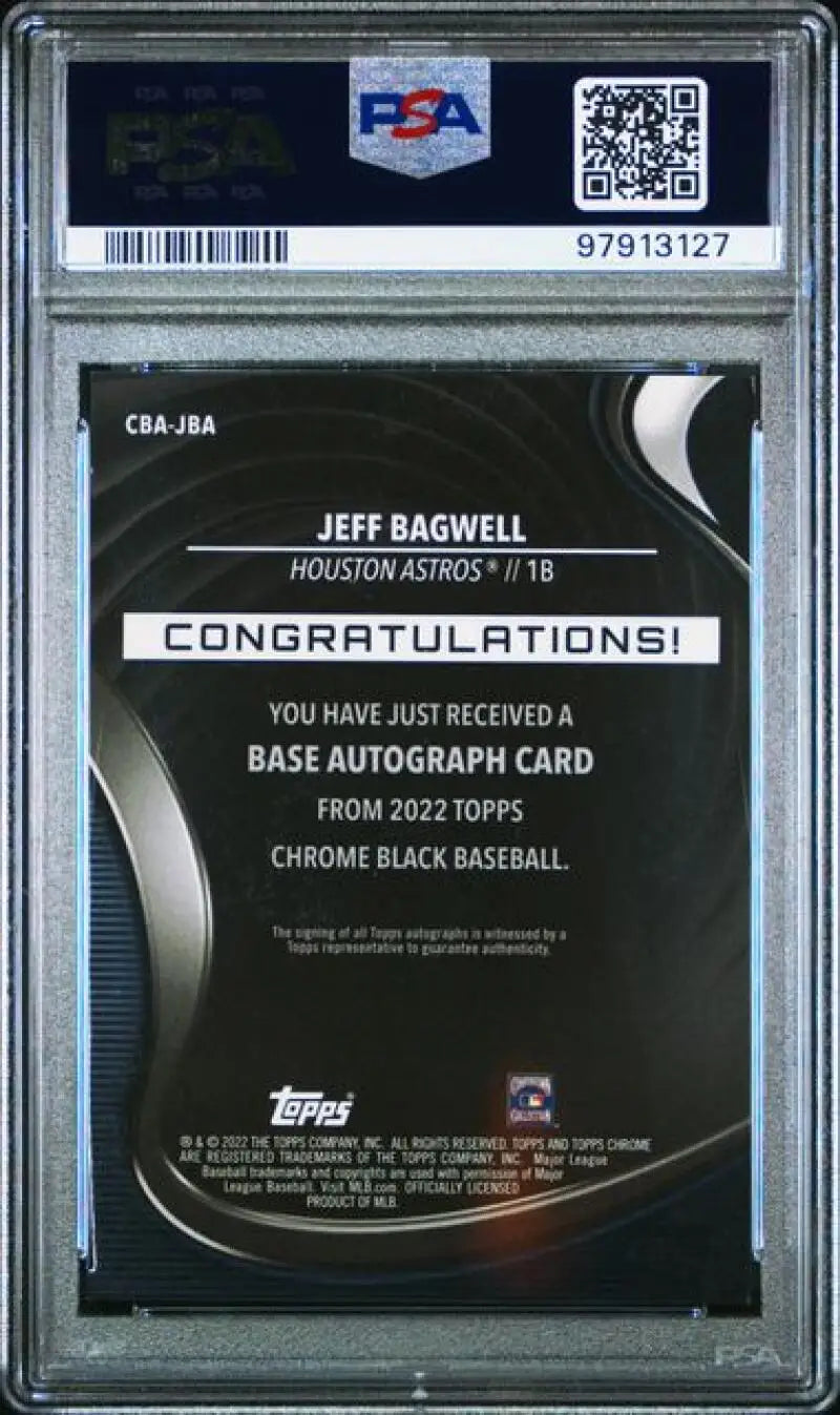 PSA-graded back of 2022 Topps Chrome Jeff Bagwell baseball card for Houston Astros auto
