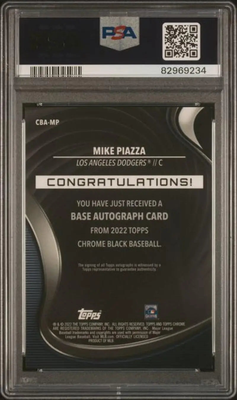 Back side of a PSA-graded 2022 Topps Chrome Black Refractor Orange Mike Piazza card