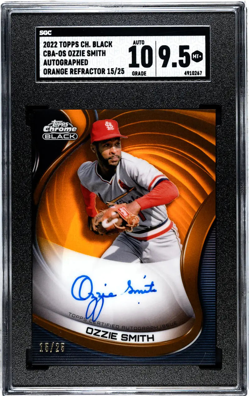 Graded Ozzie Smith 2022 Topps Chrome Black Refractor Orange baseball card with autograph