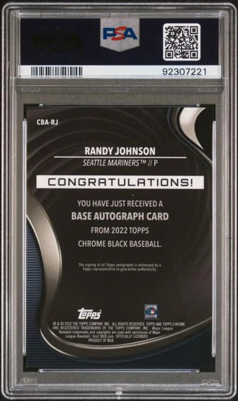 Back side of 2022 Topps Chrome Black Randy Johnson autographed card in PSA case