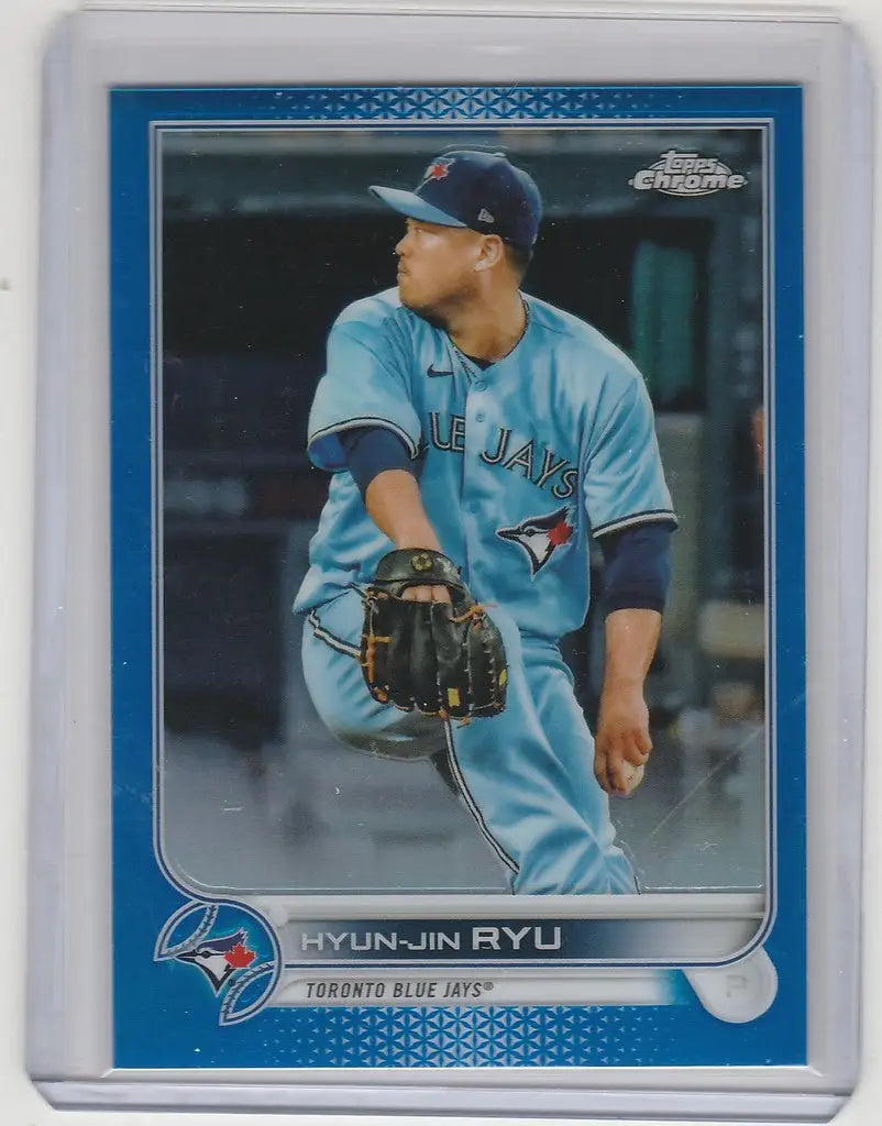 Baseball trading card of Hyun-Jin Ryu in Topps Chrome Blue for Toronto Blue Jays