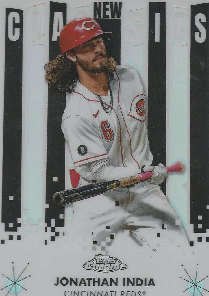 Baseball player in Cincinnati Reds uniform with bat from Topps Chrome Classics NC13 Jonathan India