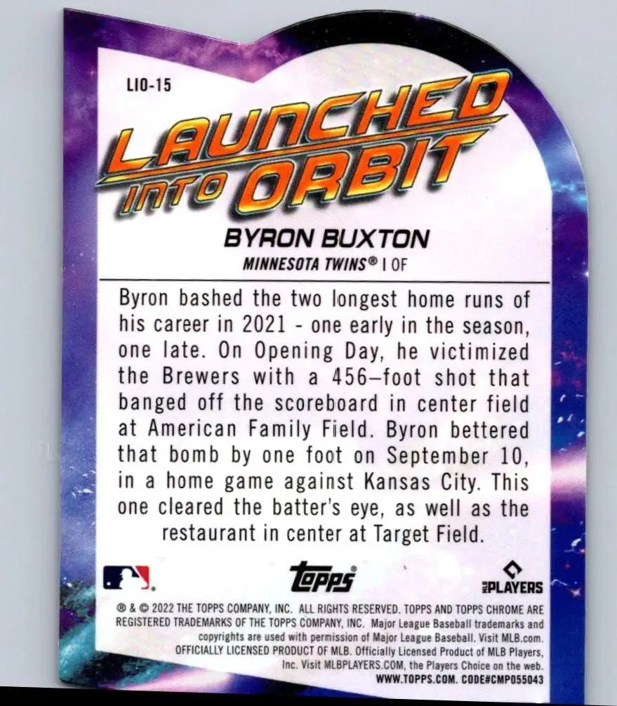 Back of Byron Buxton baseball card from 2022 Topps Chrome Cosmic Byron Buxton Launched Into Orbit