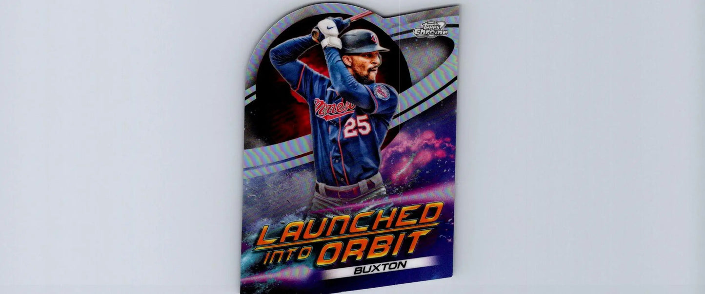 Baseball trading card of Byron Buxton from Topps Chrome Cosmic series featuring Byron Buxton launched into orbit