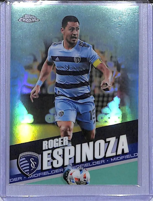 Roger Espinoza soccer card from 2022 Topps Chrome Cyan series featuring Sporting Kansas City