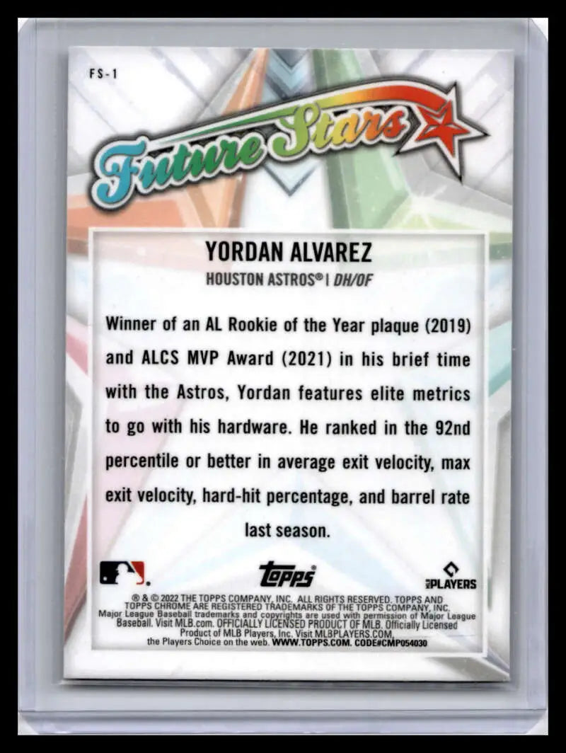 Yordan Alvarez baseball card featuring stats from 2022 Topps Chrome #FS-1
