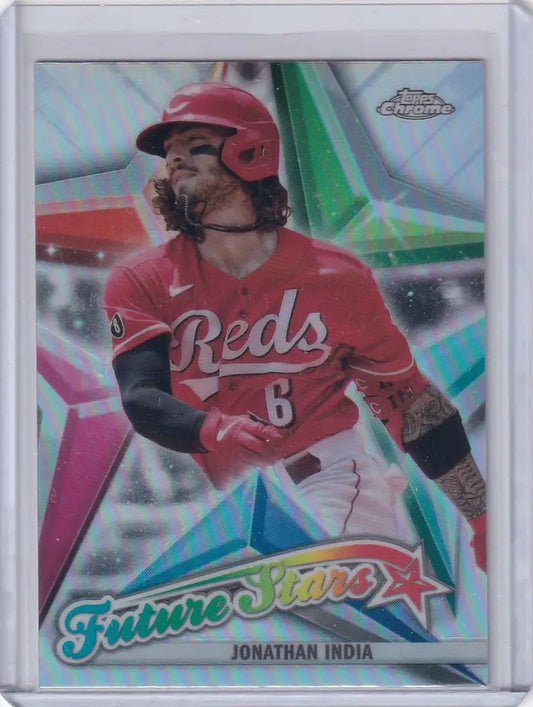 Baseball card of Future Star Jonathan India in batting stance from Topps Chrome Future series