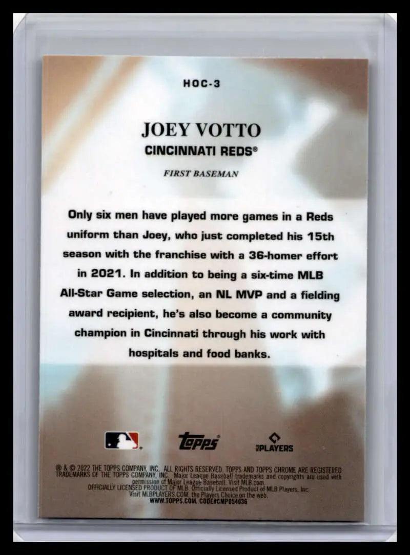 Back of 2022 Topps Chrome Joey Votto card highlighting Cincinnati Reds achievements