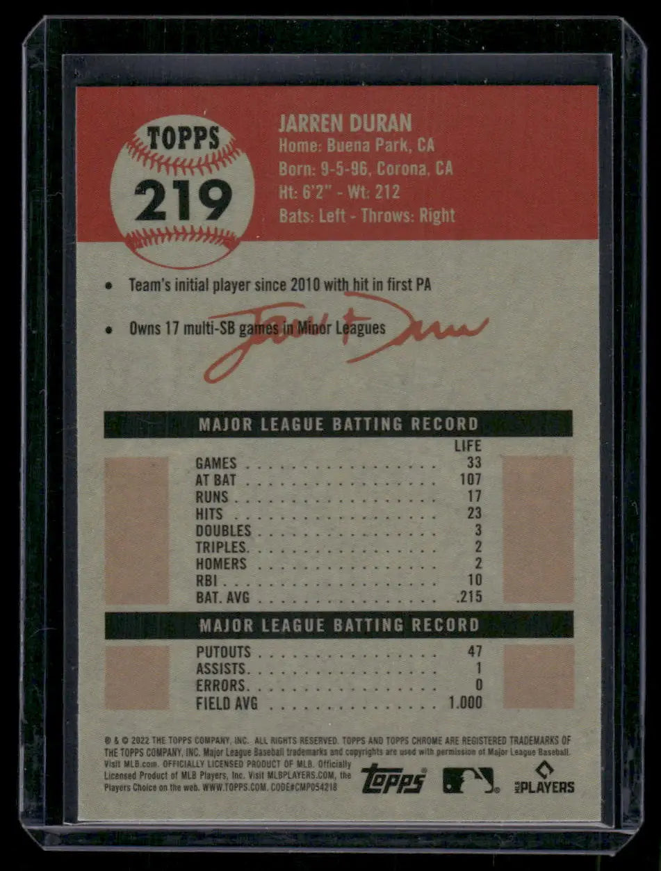 Baseball trading card of Jarren Duran with career stats from 2022 Topps Chrome Jarren Duran #219 RC