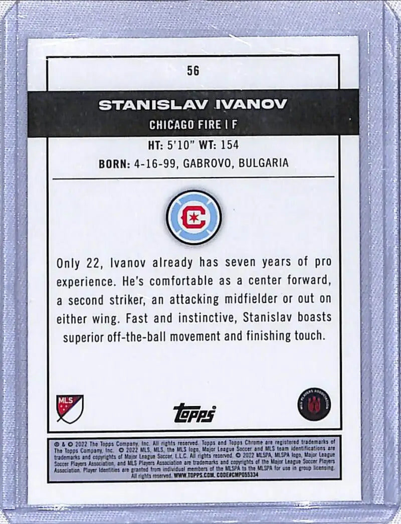 2022 Topps Chrome MLS Soccer card of Stanislav Ivanov from Chicago Fire with stats