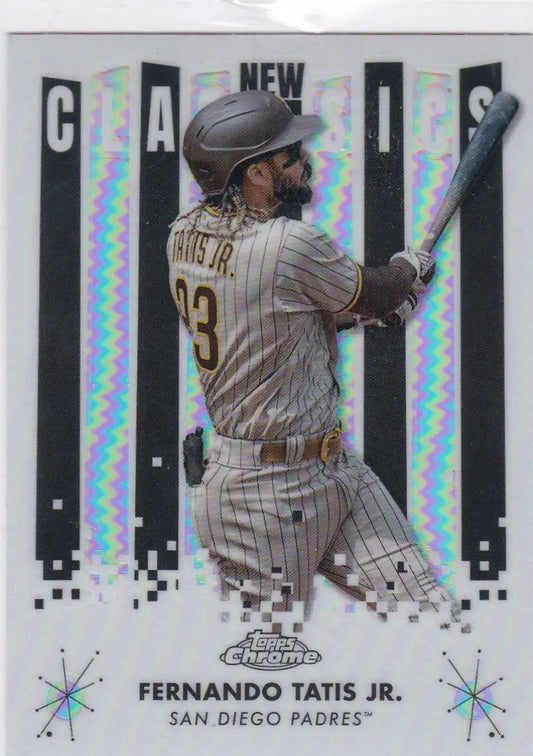 Baseball trading card of Fernando Tatis Jr in brown San Diego Padres uniform swinging bat
