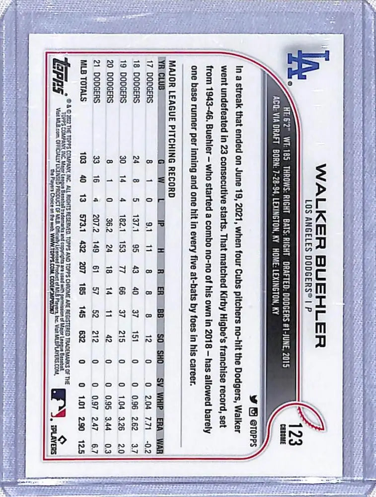 Baseball trading card featuring Walker Buehler statistics for Los Angeles Dodgers