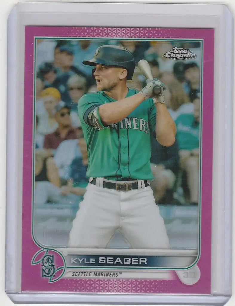 Baseball card of Kyle Seager in batting stance from 2022 Topps Chrome Pink series
