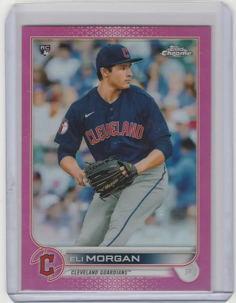 Baseball card of Eli Morgan in navy uniform from 2022 Topps Chrome Pink series