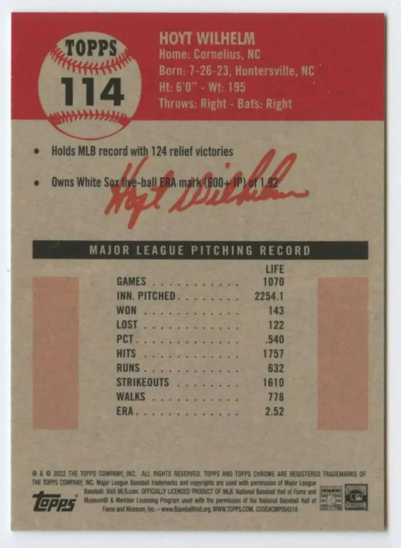 Baseball card featuring Hoyt Wilhelm’s stats and autograph, highlighting Tony La Russa, White Sox