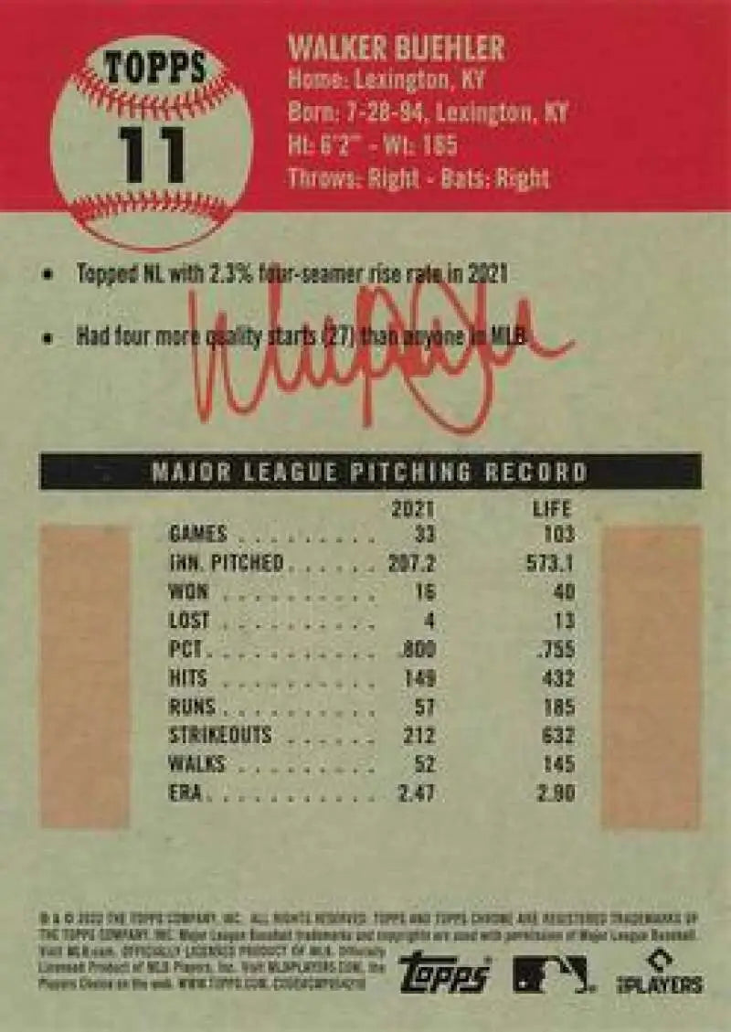 Walker Buehler pitching statistics on 2022 Topps Chrome Platinum Anniversary baseball card