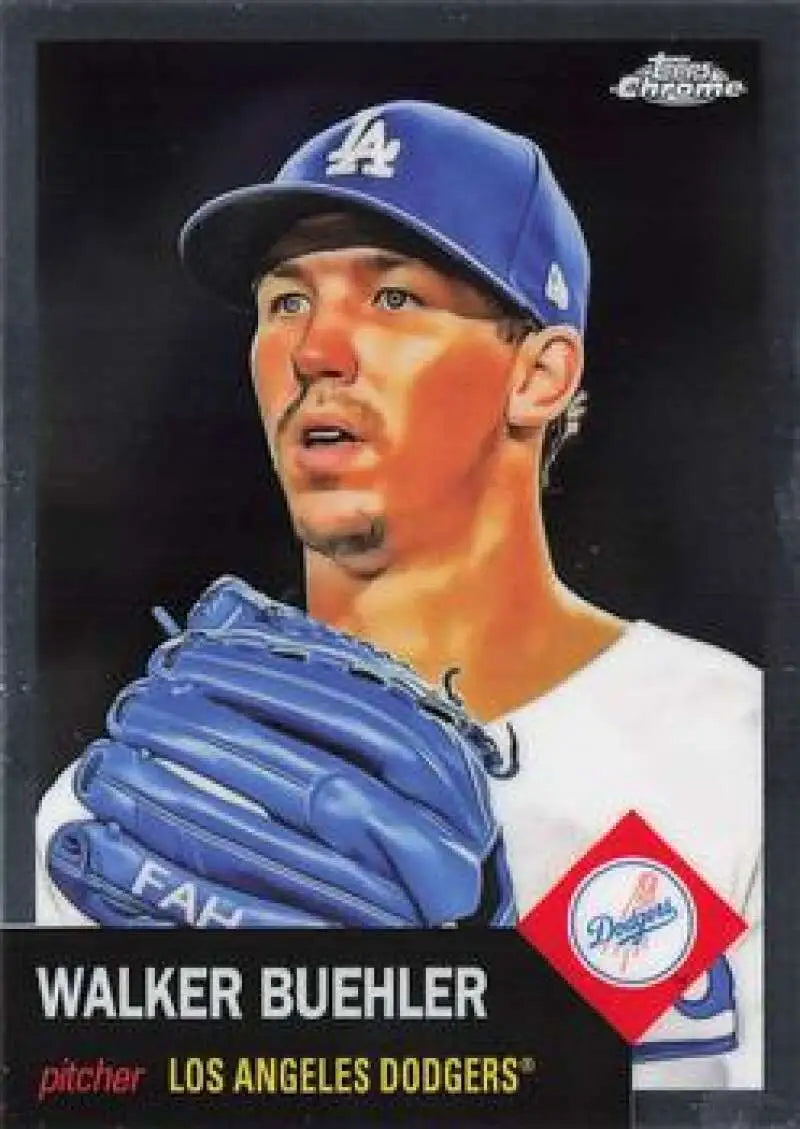 Walker Buehler in blue cap on 2022 Topps Chrome Platinum Anniversary baseball card
