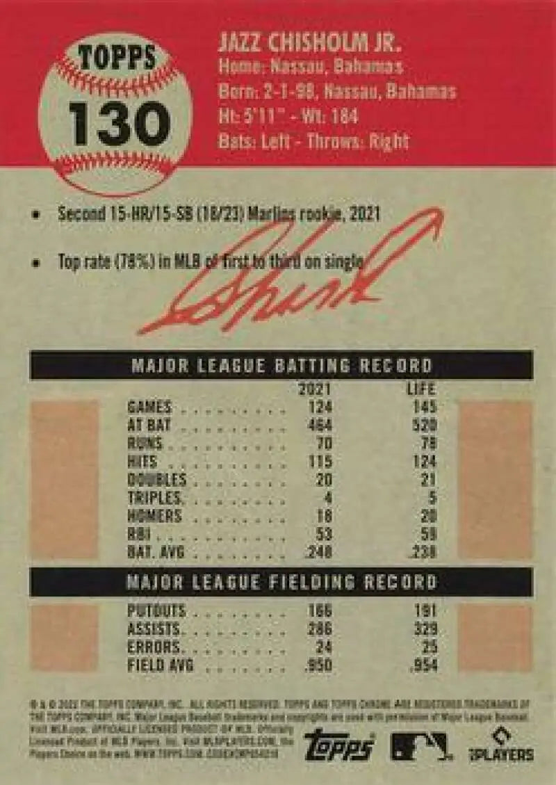 Baseball card featuring Jazz Chisholm of the Miami Marlins with Topps logo