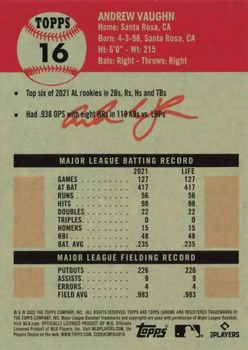 Andrew Vaughn 2022 Topps Chrome Baseball Card with statistics on red background