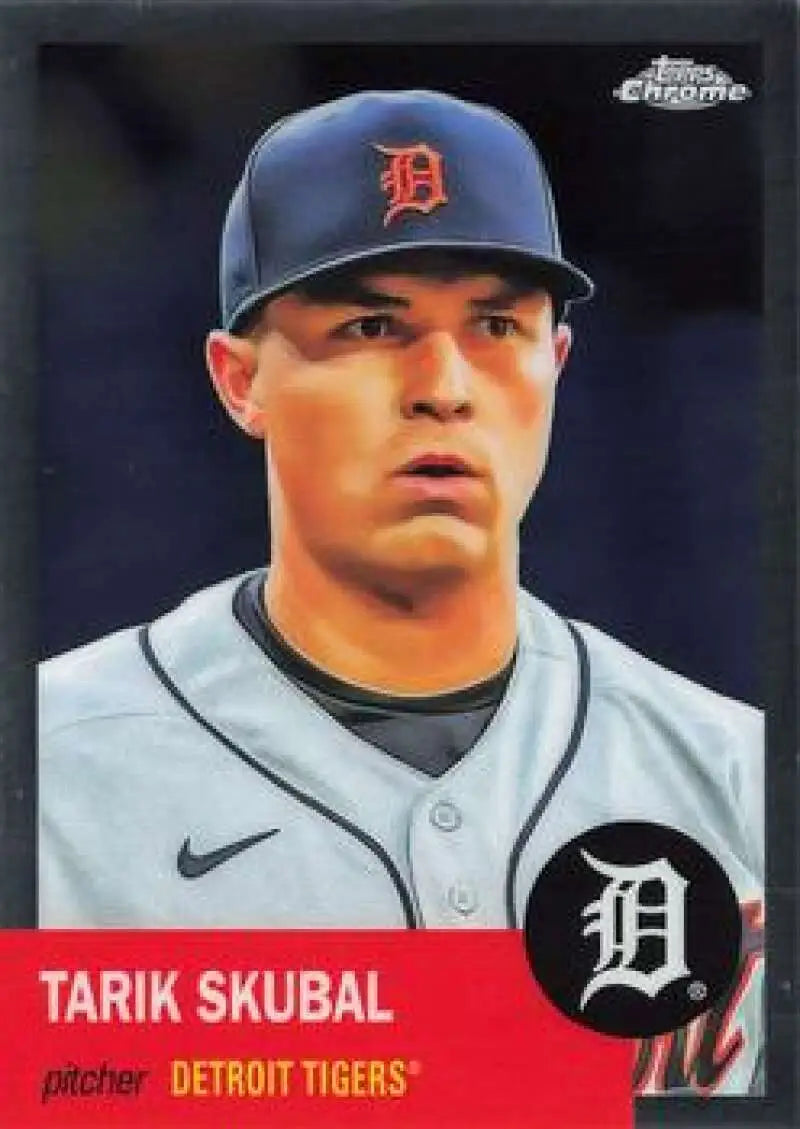 Baseball card of Tarik Skubal in gray Detroit Tigers uniform from Platinum Anniversary series
