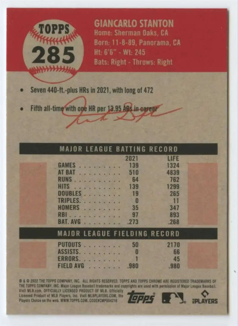 Back of 2022 Topps Chrome Platinum Anniversary #285 Giancarlo Stanton Baseball Card