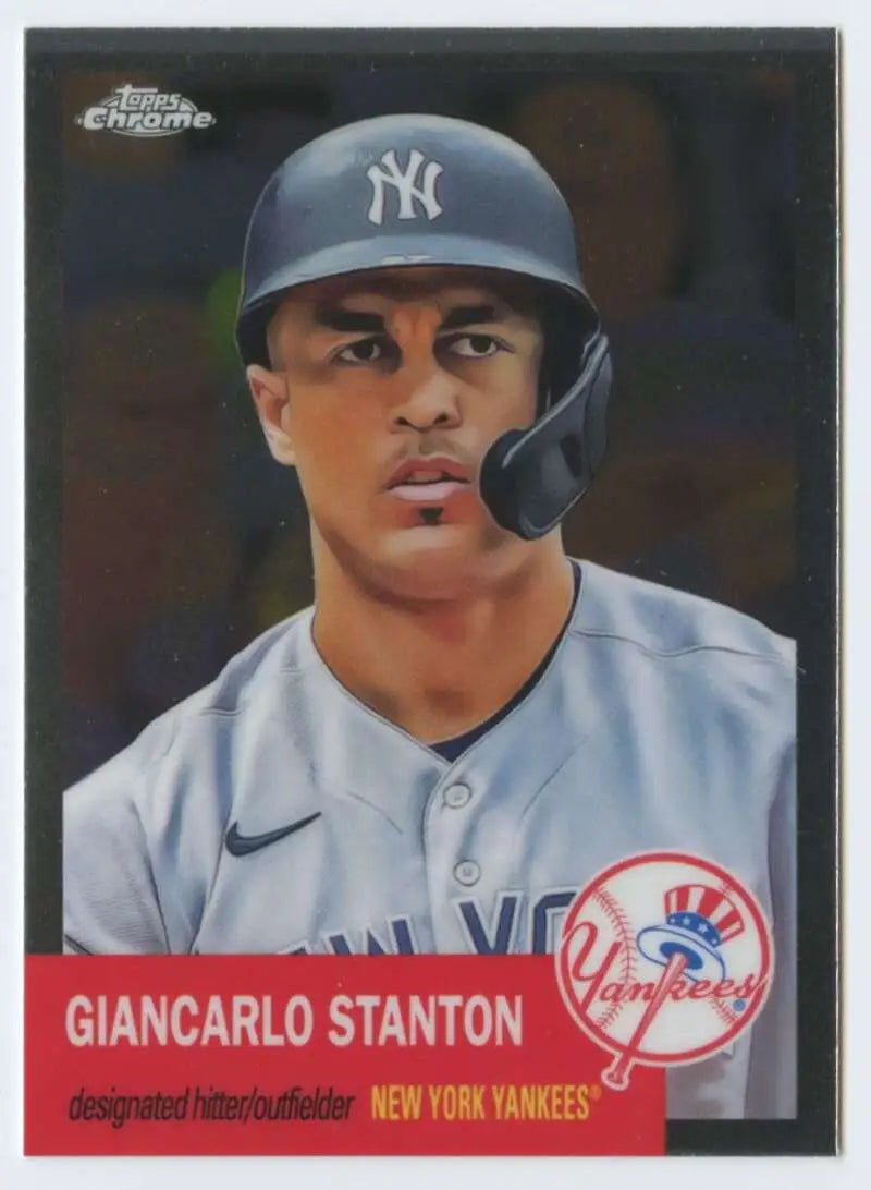 Baseball card of Giancarlo Stanton in gray uniform from Topps Chrome Platinum Anniversary